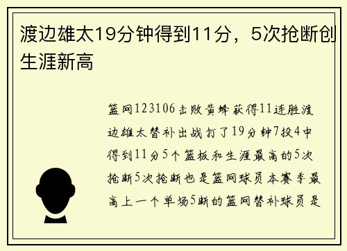 渡边雄太19分钟得到11分，5次抢断创生涯新高